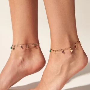 Two Layers Natural Stone Cross Charms Romantic Wings Design Fashion Jewelry Anklets for Women’s Stainless Steel 18k Gold Party