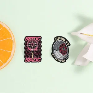 Two Pcs Car Mod Culture Enamel Pin Set Static Spin It Wheel Rim Pattern Brooches For Backpack Decor