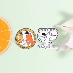 Two Pcs Funny Cartoon Cat Enamel Pin Set Round Sword Kitten Winged White Cat Russian Text Brooches For Backpack Decor