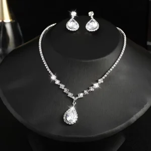 Two Piece Fashionable Crystal Rhinestone Necklace and Earrings Set for Children Ladies Bridal Occasions