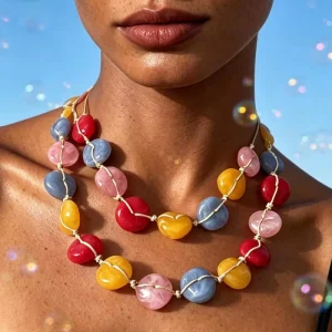 Two-Strand Statement Necklace with Hand-Knotted Multicolor Resin Beads