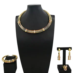 Two Tone 18K Gold Plated Jewelry Set for Women Dubai African Multi Layer Choker Necklace Earrings Bracelet Ring HS26048