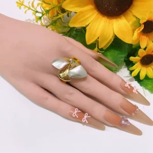 Two Tone 3D Statement Ring Gold Silver Contrast Wing Design Adjustable Chunky Finger Ring