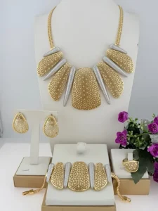 Two Tone Gold Plated 4Pcs Jewelry Set Filigree Fan Bib Necklace Earrings Bracelet Ring for Women Wedding Party
