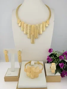 Two Tone Gold Plated 4Pcs Jewelry Set Geometric Bib Necklace Earrings Bracelet Ring for Women Wedding Party