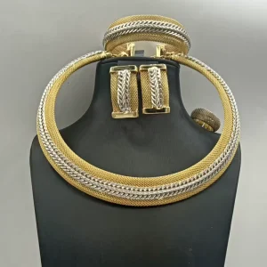 Two Tone Gold Plated Mesh Herringbone Jewelry Set Necklace Earrings Bracelet & Ring African Fashion Women Accessories