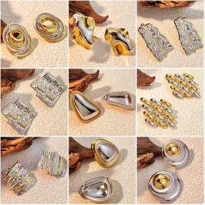 Two Tone Gold Silver Stainless Steel Chunky Stud Earrings Set Women Textured Melted Hammered Statement Jewelry