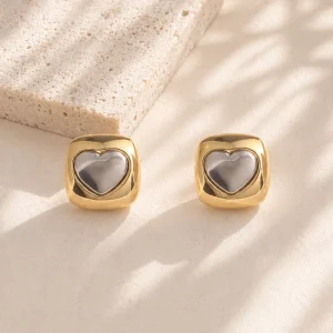 Two Tone Heart Stud Earrings Statement Unique Design Factory Stainless Steel Jewelry for Women