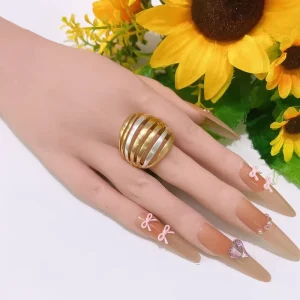 Two Tone Hollow Striped Chunky Statement Ring Gold Silver Mixed Metal Openwork Dome Band Ring Adjustable Finger Jewelry