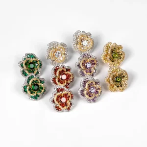Two Tone Plated Double Layer Flower CZ Drop Earrings Multi Color Halo Gem Floral Stud Earrings Wedding Party Jewelry
