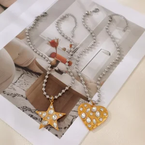 Two Tone Silver Ball Chain Necklace with Chunky Gold Plated Crystal Pendants Star Heart Cross
