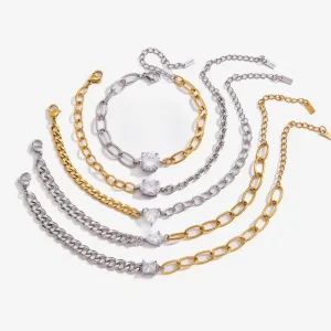 Two Tone Stainless Steel Paperclip Cross Chain Bracelet 18K Gold Plated Heart Oval Square Zirconia Inlaid Luxury Jewelry
