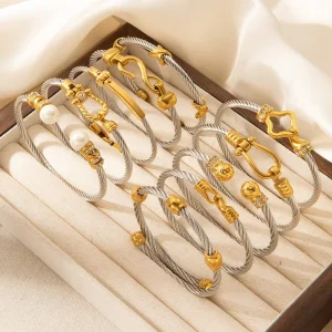 Two Tone Stainless Steel Twisted Rope Cuff Bracelet Women Men’s Fashion Jewelry with Knot Twisted Bangle Design