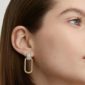 Two Tone Stud Earrings Gold Silver Oval Rope Design Crystal Rhinestone Fashion Jewelry for Women Girls
