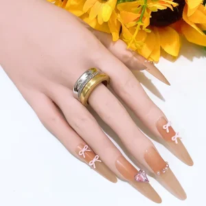 Two-tone Chain Inlaid Wide Band Ring Luxury Two-tone Gold Silver Chunky Ring Trendy Stackable Finger Jewelry for Women Daily
