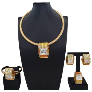 Two tone Geometric Cube 4Pcs Jewelry Set Gold Mesh Snake Chain Necklace Women Wedding Jewellery Set HC2500614