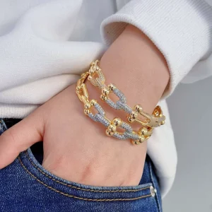 U Shaped Delicate Inlaid Shiny Zircon Charm Bracelets with 18k Gold Plated Open Bangle Sets Women