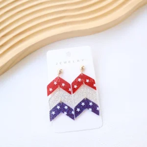 USA 4th of July Glitter Red White Blue Arrow Dangle Earrings Star Pattern Shiny Patriotic Acrylic Jewelry for Women