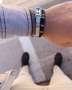 Unique Buckle Bangle Men’s Bracelet Set 3Pcs Stainless Steel Belt Design Bracelet Black Disc Bead Micro CZ Bangle Men Jewelry
