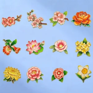 Unique Chinese Style Floral Enamel Zinc Alloy Brooch Black Nickel Plating UV Printed