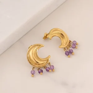Unique Dainty Studs Stainless Steel 18k Gold Plated Half Moon Women Moon Stud Natural Amethyst Fashion Stud Earrings