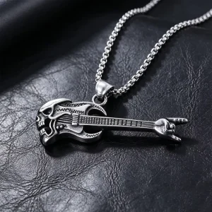 Unique Design Stainless Steel Rock Music Instrument Gesture Skeleton Guitar Necklace Charm Pendant Necklace