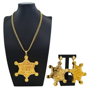Unique Gold Plated Sheriff Star Badge Jewelry Set Men Women Pendant Necklace Earrings Set Daily Wear Party
