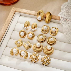 Unique Jewelry for Women Fashion Waterproof 18K Gold Stainless Steel Vintage Pearl Earrings