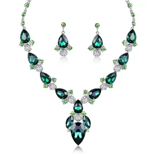Unique Luxury Green Bride Wedding Fashion Zircon Crystal Rhinestone Necklace Earrings Jewelry Sets for Women Crystals