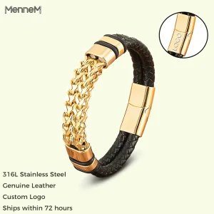 Unique Men’s Charm Bracelet Fashion Irregular Metal Leather Magnetic Clasp Gold Plated Geometric Trendy Jewelry
