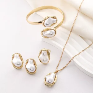 Unique Pearl Jewelry Set Trendy and Fashionable Baroque Style Bracelet Earrings and Ring NS0001