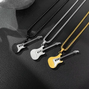 Unique Trendy European American Hip Hop Stainless Steel Guitar Pendant Classic Street Style Necklace