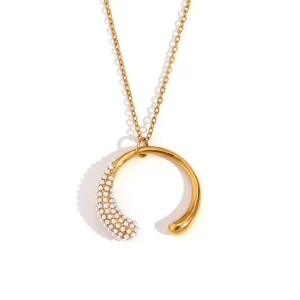 Unique Trendy Stylish Stainless Steel Necklace and Earrings with Gold Plated Diamond Studded Moon Pendant