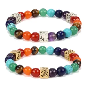 Unisex 7 Chakra Yoga Energy Bracelet 8mm Agate with Geometric Pattern Square Alloy Beads Classic Religious Gift Ball Shape