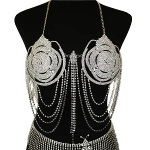 Unisex Alloy 18K Gold Plated Body Chain Jewelry Crystal Rhinestone Bikini Lingerie Bra Chest Chain
