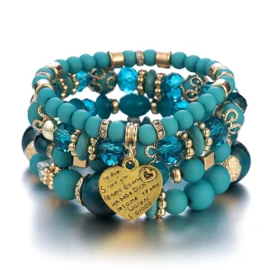 Unisex Boho Style Fashion Jewelry Set Handmade Crystal Beads for Bracelet with Multi-Layers Colorful Heart Charm Gold Gifts
