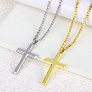 Unisex Christian Cross Necklace 18K GP SS Link Chain Trendy Geometric Pendant Gift Jewelry