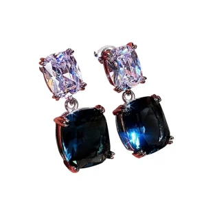 Unisex Dark Blue Natural Stone Vintage Cushion Cut Silver Plated Brass Dangle Earrings for Party Anniversary Valentine’s Day