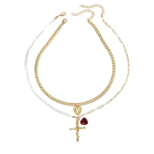 Unisex Gothic Cross Love Pendant Set Gold Plated Trendy Link for Wedding Party Religious Services Enhanced