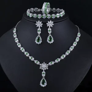 Unisex Indian Wedding Vintage Zircon Silver Plated Necklace Earrings 4 Piece Jewelry Set for Party