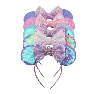 Unisex Mickey Hairband with Glitter Sequins and Bowknot Sweet Style Fabric Hair Hoop Headband Hair Accessories