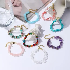 Unisex Quartz Agate Crystal Beaded Crushed Stone Chain Bracelet Bohemian Geometric Pattern Natural Religious Gifts