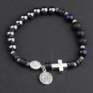 Unisex Religious Hematite Turquoise St. Michael & St. Benedict Beads Rosary Bracelet
