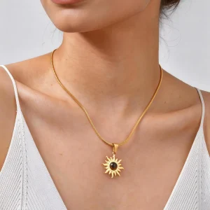 Unisex Spiritual Healing Snake Chain Boho Jewelry Stainless Steel 18K Gold Tiger’s Eye Sun Pendant Statement Necklace Party Gift