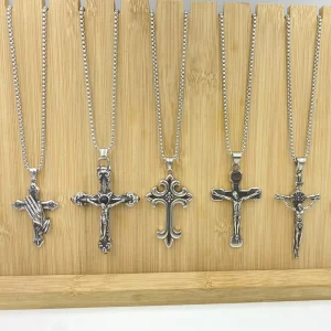 Unisex Stainless Steel Cross Necklace with Silver Plated Long Chain Pendant for Vintage Hip Hop Punk Style Fashion Jewelry Gift