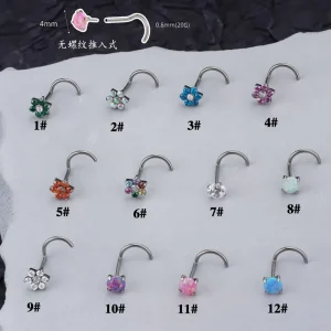 Unisex Titanium Alloy Curved Barbell S Bar Zircon Flower Nose Studs Rings Piercing Accessories