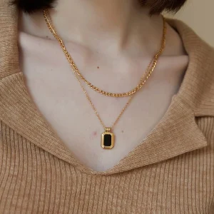 VEROMCA Double Layer Square Black Shell Necklace Collarbone Chain Fashion Sweater Chain Necklace