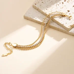 VEWANT Luxury Stainless Steel High Polished Stackable 2mm Beaded 3mm CZ Tennis Chain Bracelet 18K Gold Plated Premium Jewelry