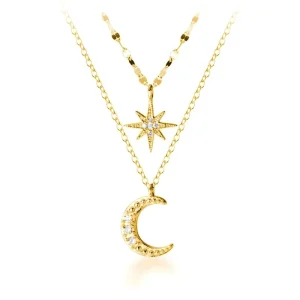 VEWANT Minimalist Women’s 14K Gold Plated 925 Sterling Silver Zircon Pendant Necklace With Moon & Star Design