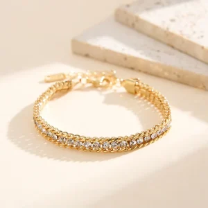 VEWANT Stainless Steel 18K Gold Plated Interwoven Curb Chain CZ Tennis Motif Bracelet Bulk Jewelry Order